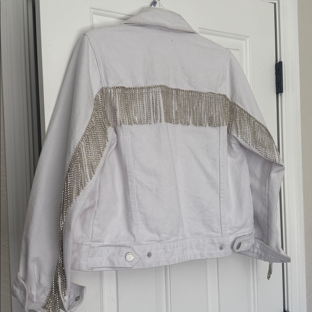 Worn Once! Blank NYC White Denim Jacket with Disco Cowgirl Rhinestone Fringe!